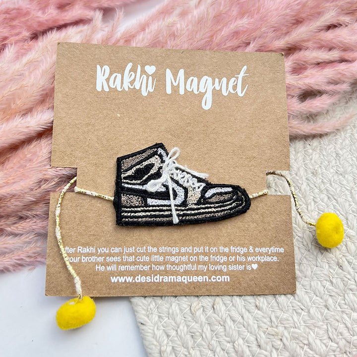 Handmade Reusable Shoe Pom Pom Felt Rakhi For Brother - Front View on Packaging (2)