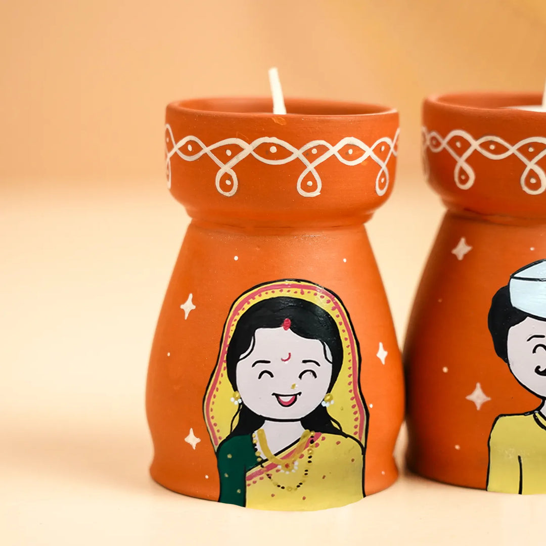 Hand-Painted Marathi Couple Terracotta Tealight Holder | Set Of 2