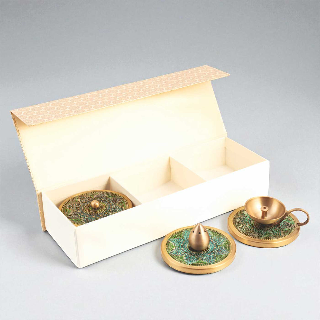 Hand-Painted Vrinda Brass Gift Hamper | Includes 1 Diya, 1 Incense Holder, 2 Containers And 1 Gift Box