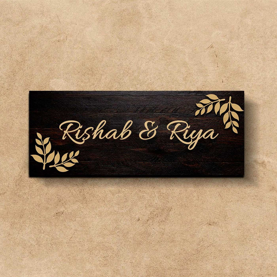 Personalized Printed Wooden Floral Nameplate For Couples - Front View with Name Personalization