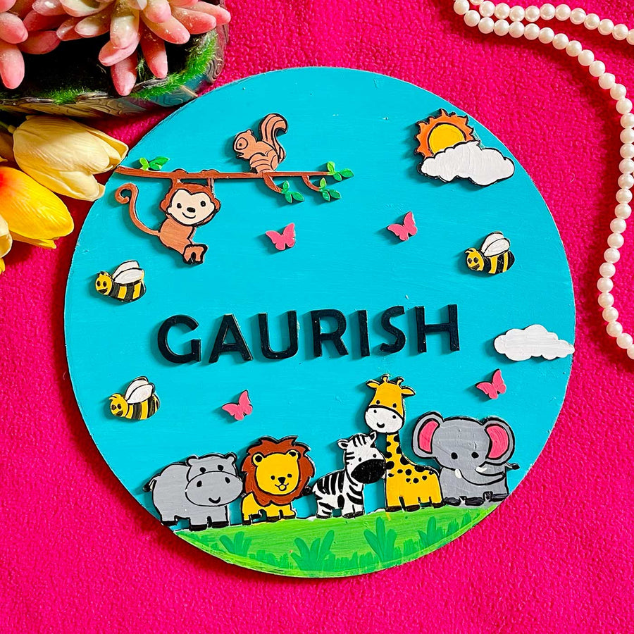 Personalized Hand Painted Animals Mdf Wood Kids Name Plate - Name Personalization Example Front View