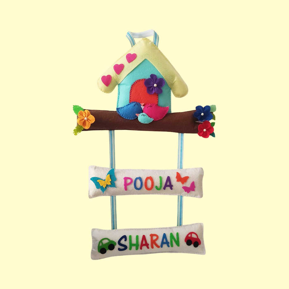 Personalized Handmade Tree House Felt Name Plate - Front View Hanging Close-up