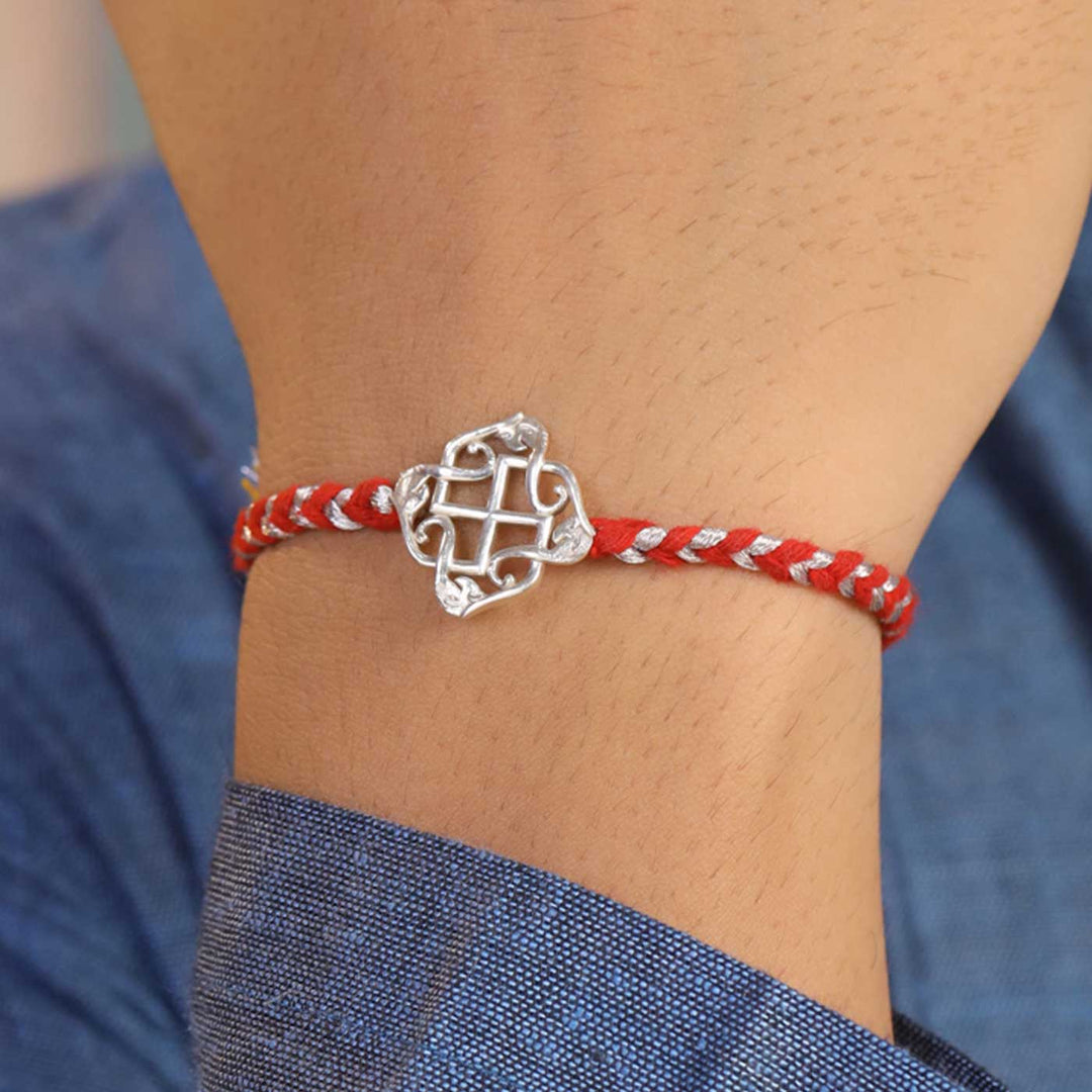 Handmade Swastik Design Silver Rakhi For Brother - Wrist Wearing Display