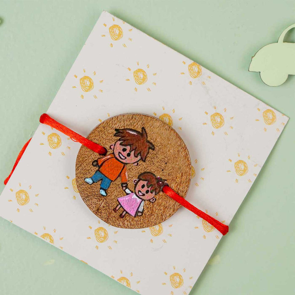 Personalized Hand Painted Bro Sis Wooden Rakhi With Roli Chawal - Bracelet on Gift Card Display