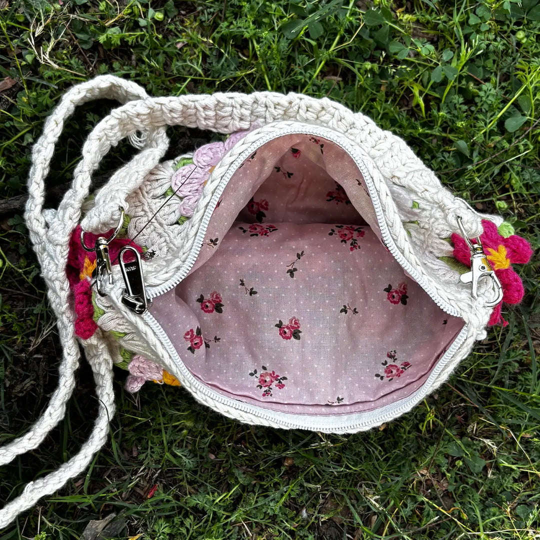 Handmade Crochet Flower Design Cotton Sling Bag