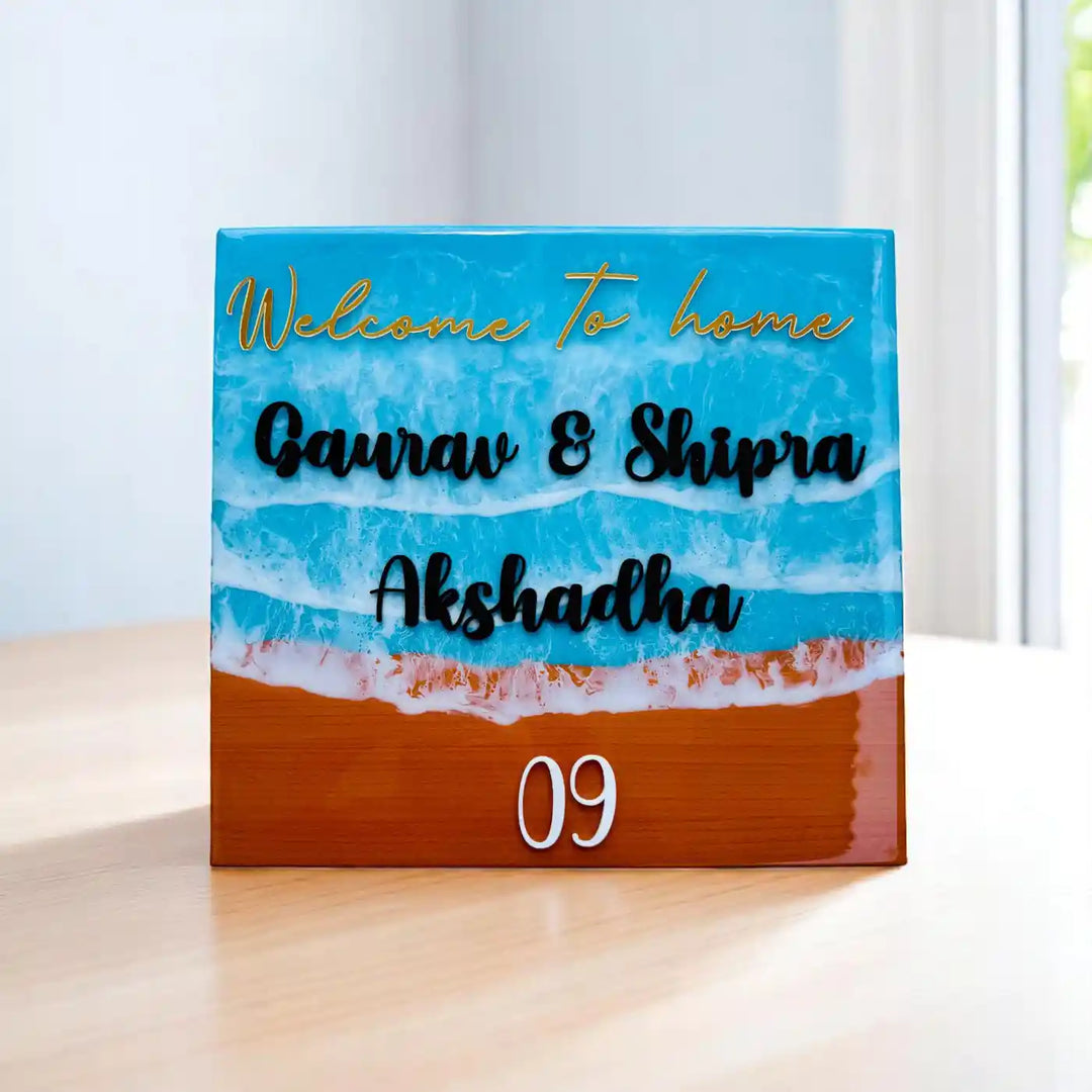 Light Blue Personalized Beach Effect Rectangle Resin Name Plate | With 3D Acrylic Letters