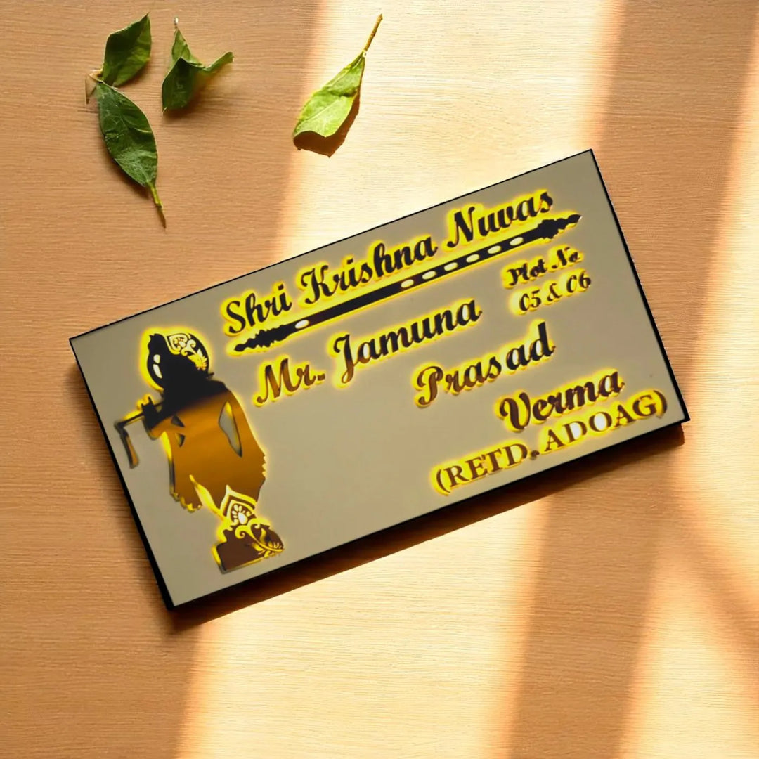 Personalized Krishna Theme Acrylic Name Plate With Lights