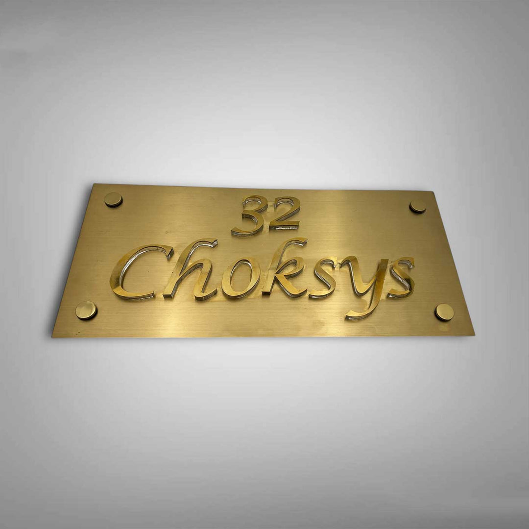 Personalized Weatherproof Rectangle Engraved Gold Stainless Steel Name Plate - Angled Close-up Front View
