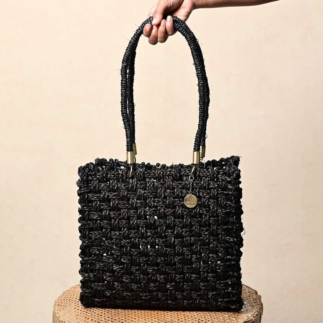 Handmade Grass Woven Vegan Wrapped Rope Handles With Metal Accents Black Sabai Mesh Handbag