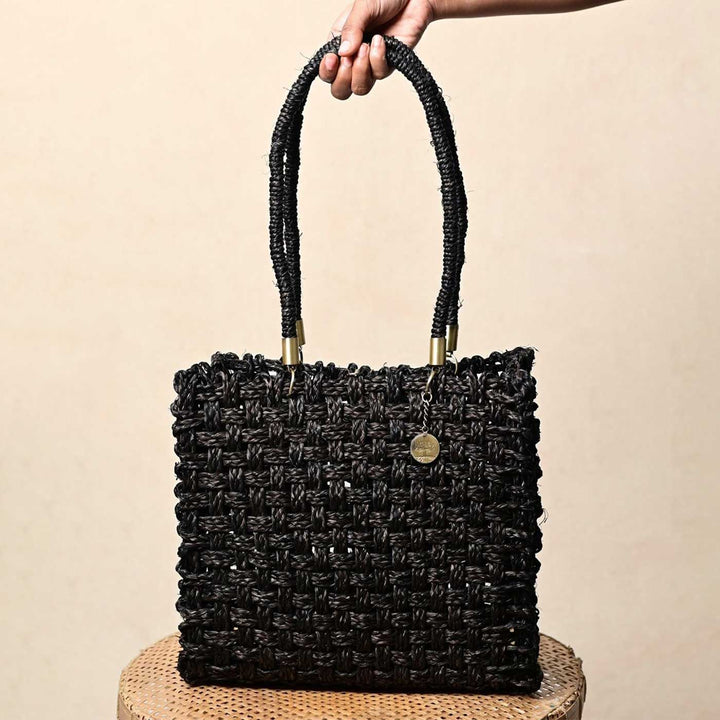 Handmade Grass Woven Vegan Wrapped Rope Handles With Metal Accents Black Sabai Mesh Handbag