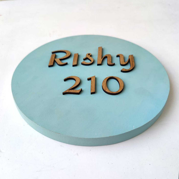 Personalized Minimal Blue Mdf Wood Name Plate - Top Angle Showing Thickness