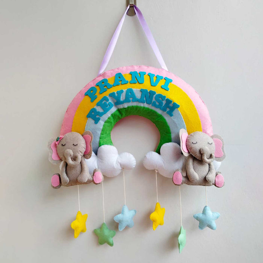Personalized Rainbow And Elephant Theme Felt Kids Name Plate - Hanging Wall Decoration Front View