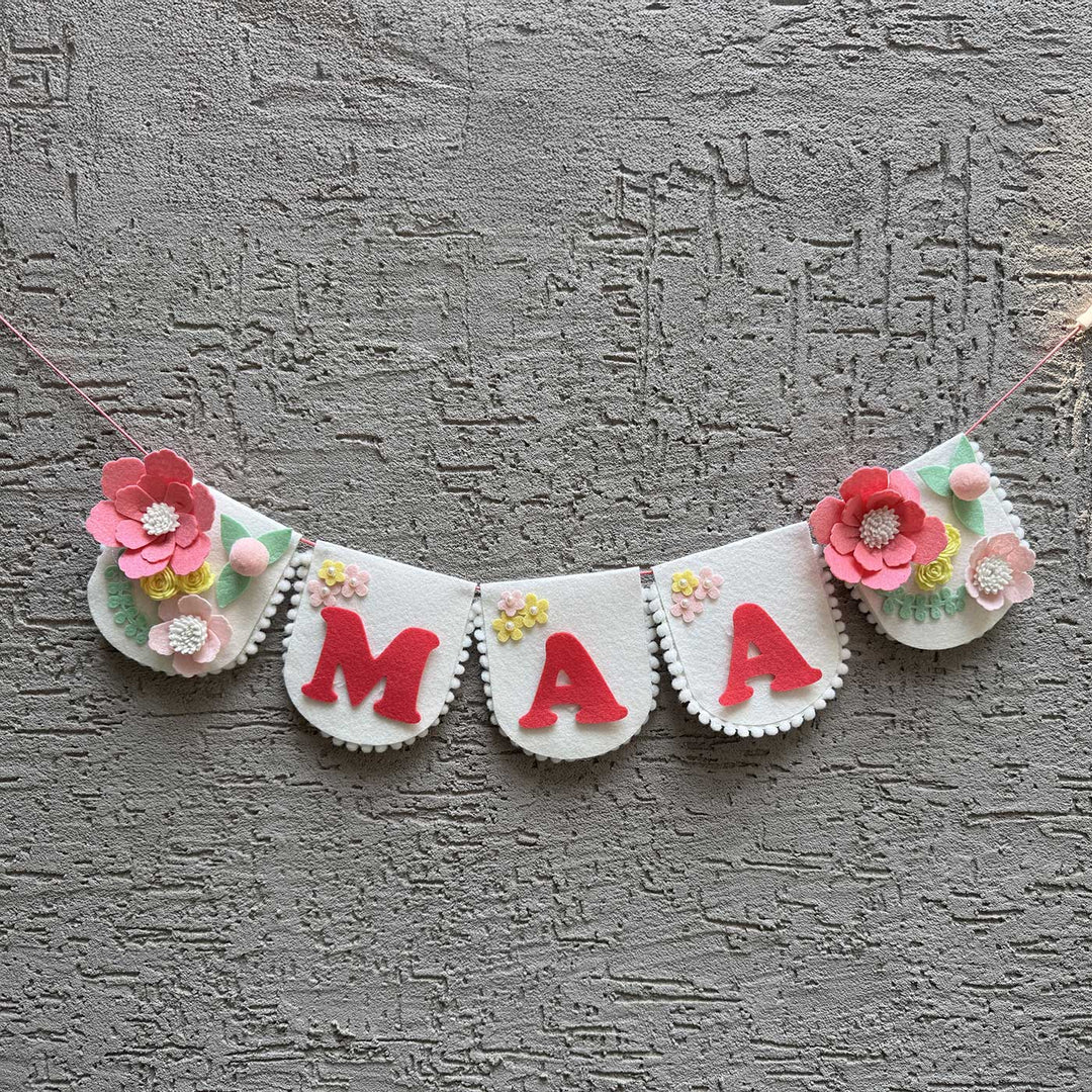 Personalized Handmade Floral Theme Felt Bunting - Hanging Banner Front View