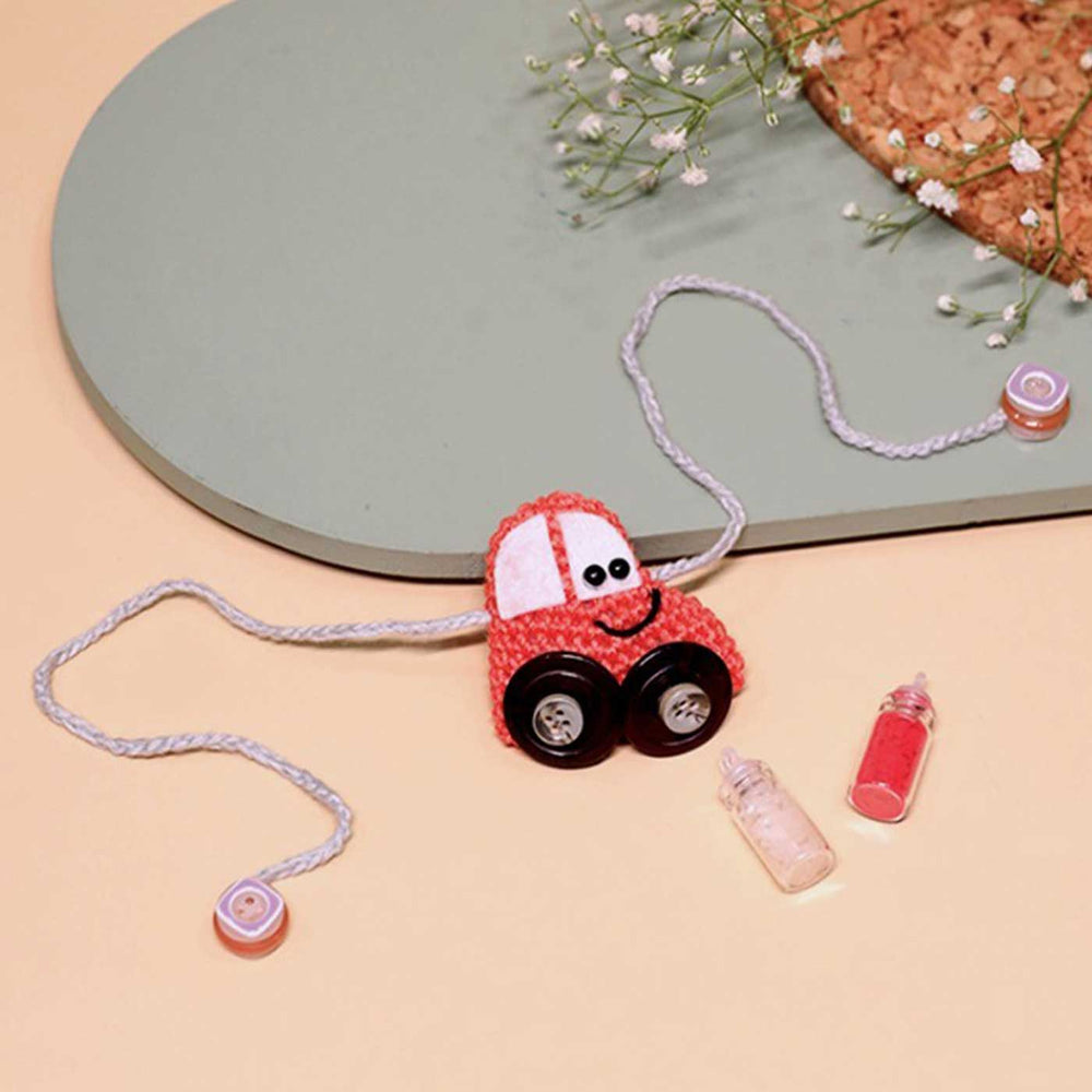 Handmade Crochet Crazy Cars Kids Rakhi With Roli Chawal - Crochet Car Pull-String Side