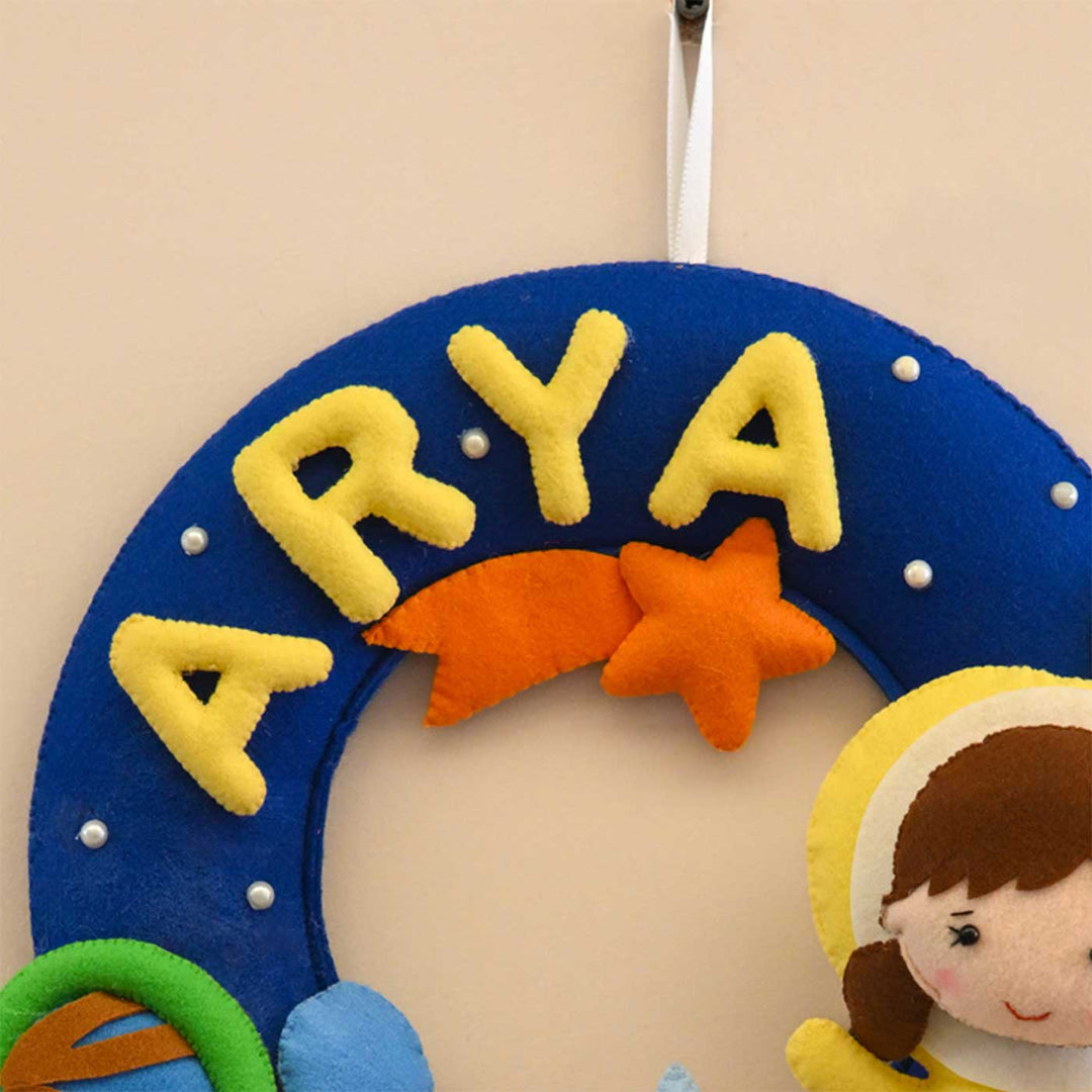 Personalized Space Voyager Theme Round Felt Kids Nameplate - Hanging Front View with Personalization