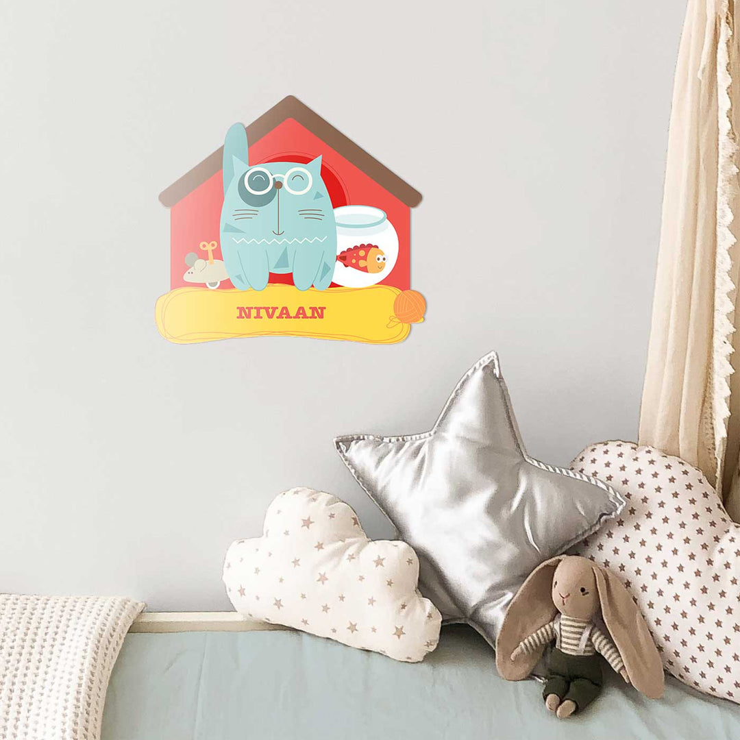 Personalized Kitty Cat Theme Acrylic Kids Name Plate - Mounted on Wall with Name Personalization