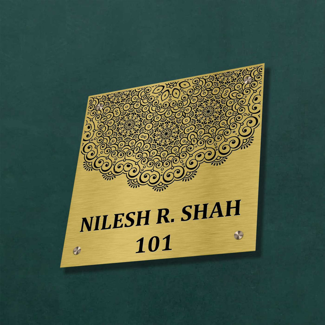 Personalized Engraved Square Gold Stainless Steel Name Plate - Angled Front View Mounted on Wall