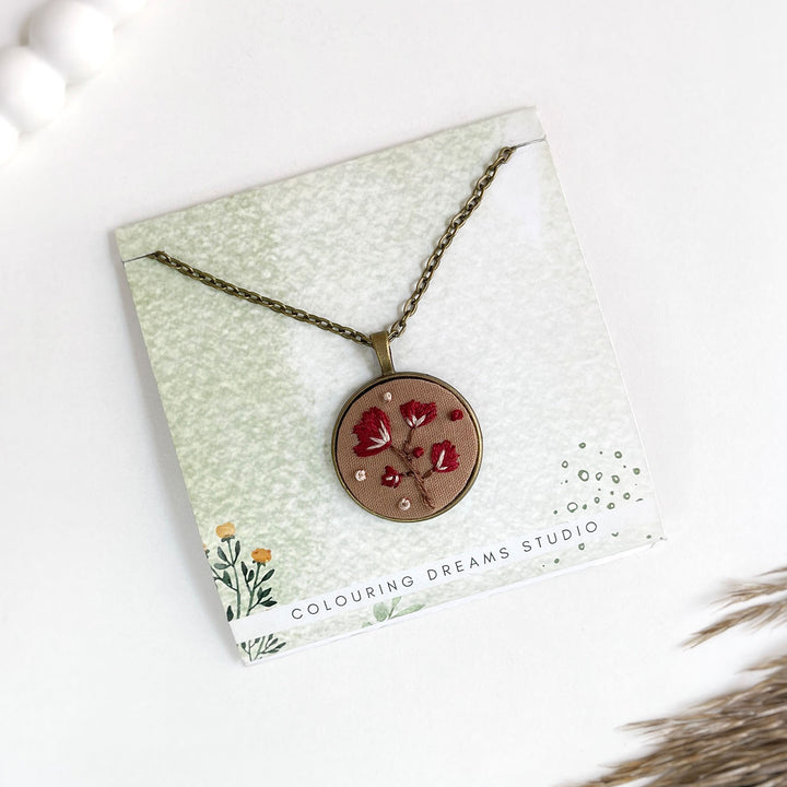 Hand Embroidered Crimson Antique Finish Necklace