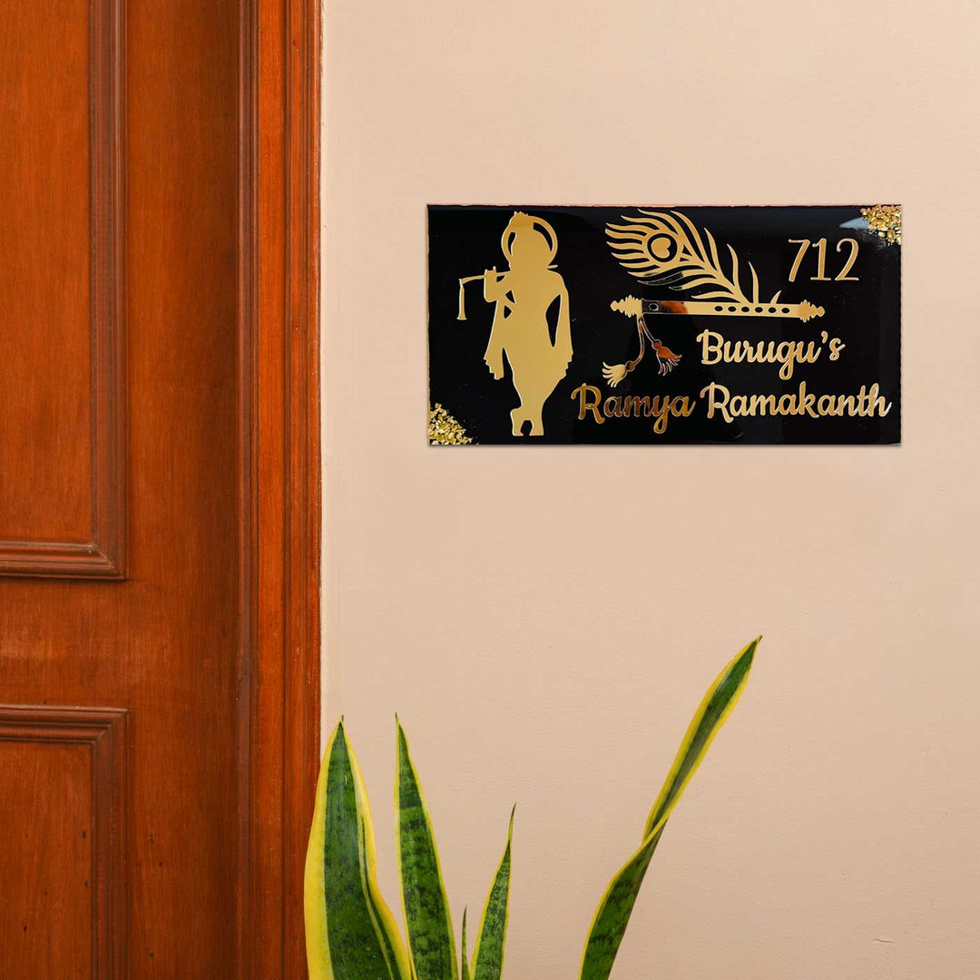 Personalized Black And Gold Krishna Theme Resin Name Plate For Family - Mounted on Entryway Wall