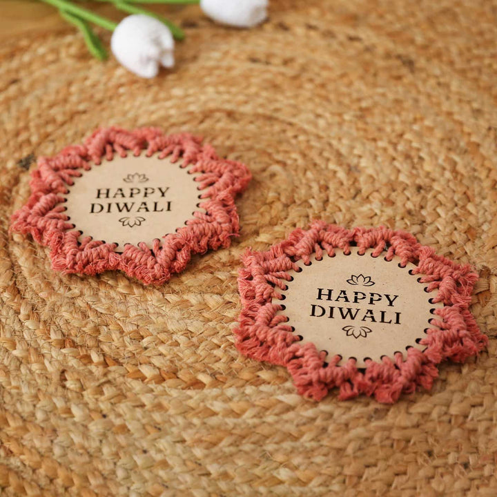 Set Of 2 | Handmade Macrame Happy Diwali Deisgn Cotton Coaster