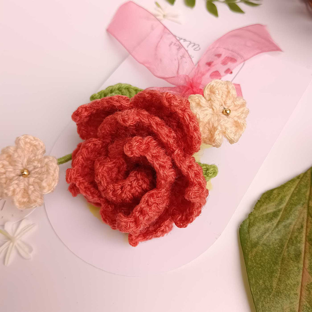 Handmade Crochet 3D Red Rose Greeting Card
