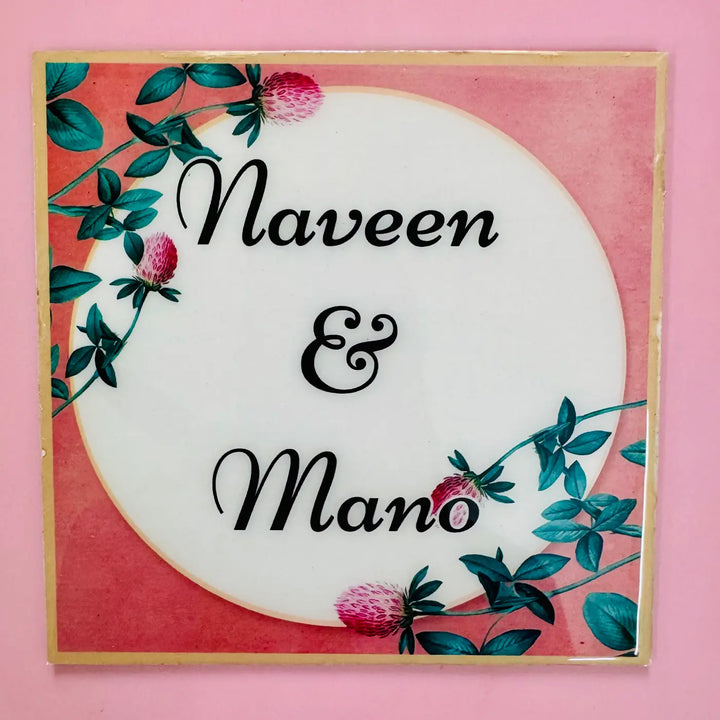 White & Peach Floral Personalized Printed Square Resin Name Plate