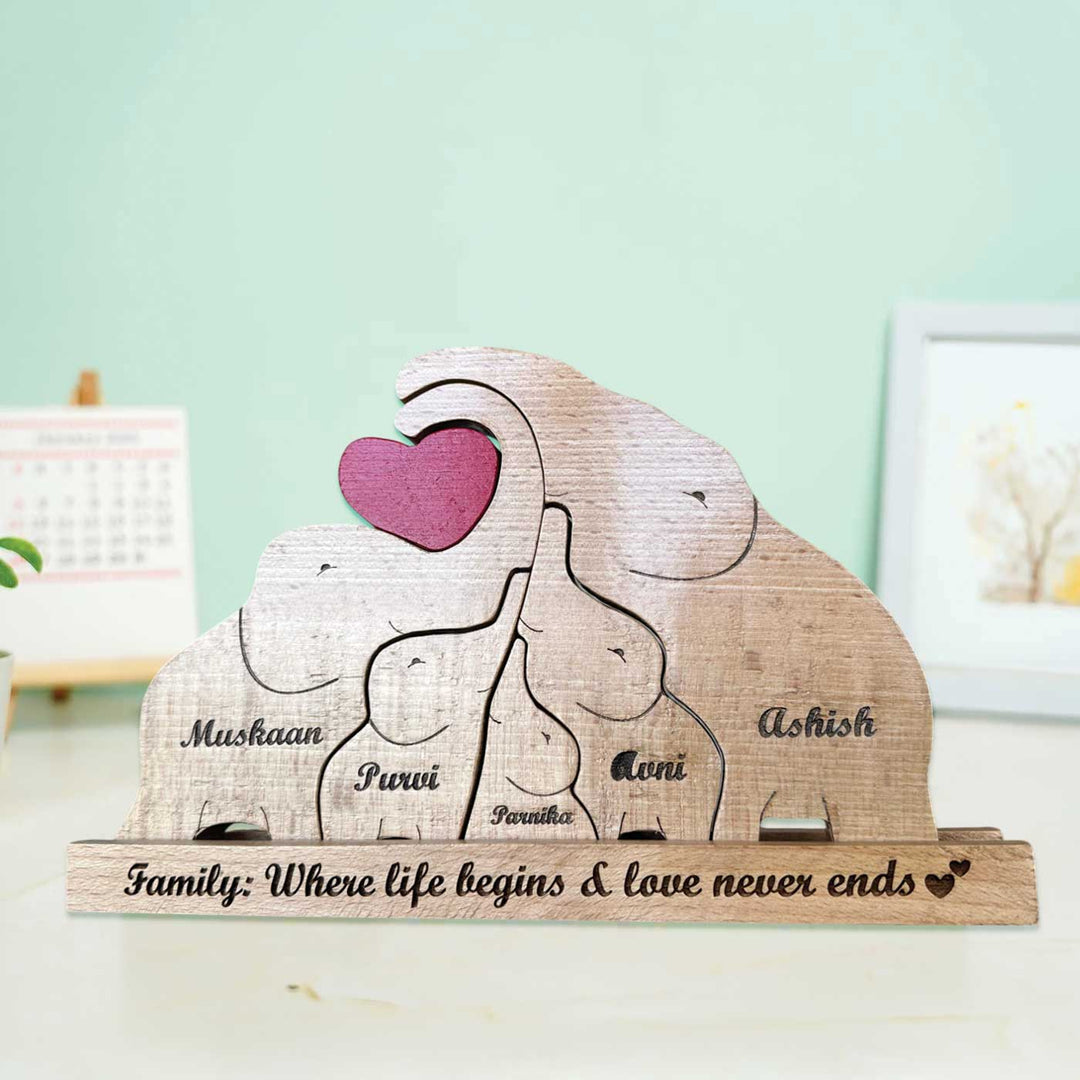 Personalized Elephant Family Of 5 Wooden Figurine