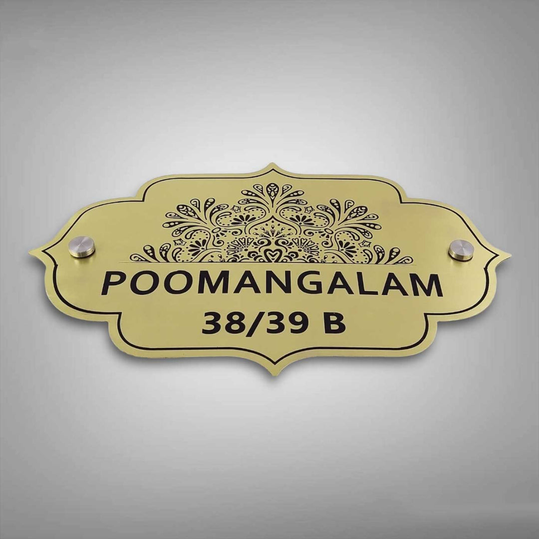 Personalized Floral Theme Engraved Gold Stainless Steel Name Plate - Front View Mounted with Standoffs