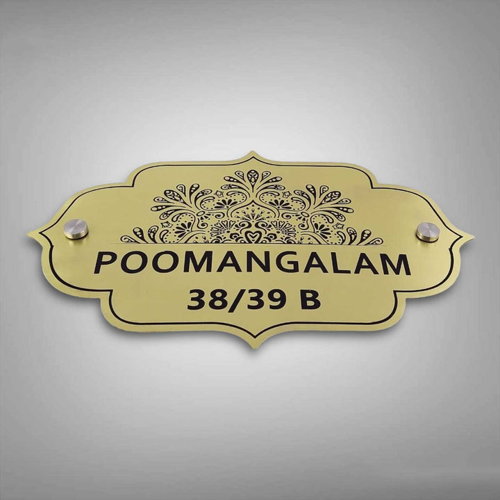 Personalized Floral Theme Engraved Gold Stainless Steel Name Plate - Front View Mounted with Standoffs