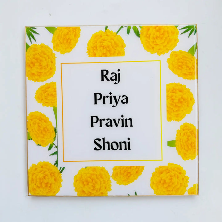 Yellow Marigold Personalized Framed Square Resin Name Plate