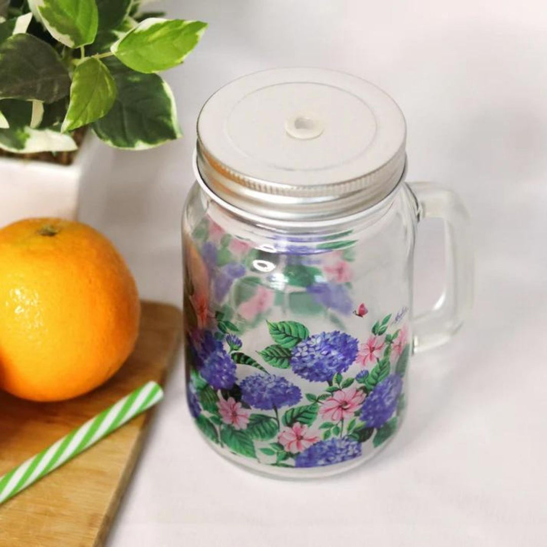 Botanical Print Mason Jar with Metal Lid & Straw | 500 ml