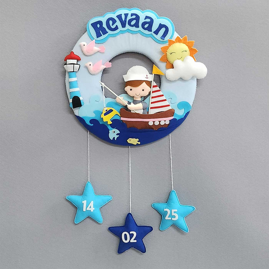 Personalized Fishing Theme Felt Kids Name Plate - Front View Hanging with Date Stars