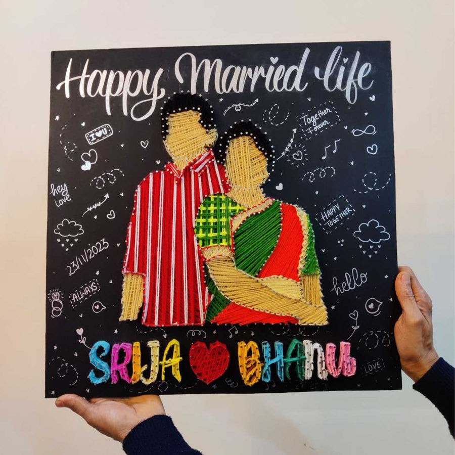 Photo Personalized String Art Couples Mdf Wood Name Plate - Front View Held by Hands