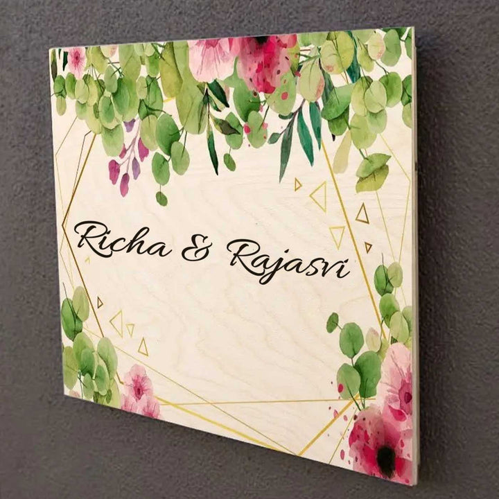 Printed Green And Pink Spring Floral Wooden Rectangle Nameplate - Front View with Wall Mounting