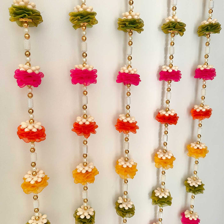 5 Pc | Handmade Multi-Colour Tissue Flower Hangings With Moti Beads