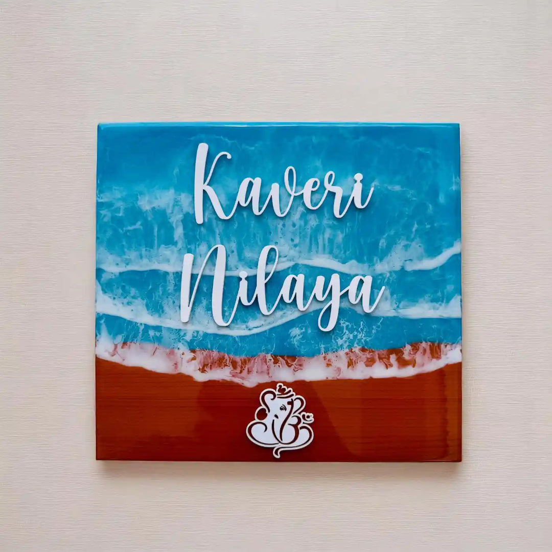 Light Blue & Red Personalized Beach Effect Rectangle Resin Name Plate | With 3D Acrylic Letters