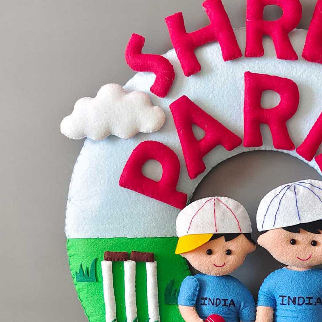 Personalized Soprts Theme Felt Kids Name Plate For Siblings - Close-up Showing Top Half Details