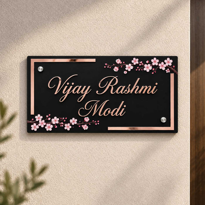 Cherry Blossom Elegance Personalized Black Rectangle Acrylic Name Plate For Home