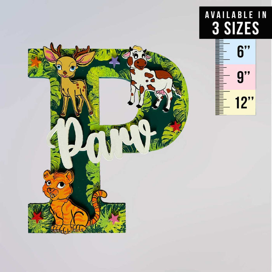 Personalized Hand Painted Jungle Animal Mdf Wood Monogram With 3D Letters - Front View with Size Chart