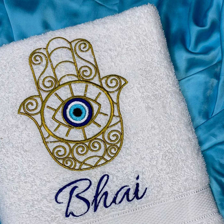 Personalized Embroidered Hamsa Hand Evil Eye Theme Cotton Bath Towel For Brother
