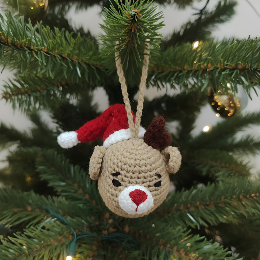 Handmade Crochet Reindeer With Hat Ornament For Christmas Decoration