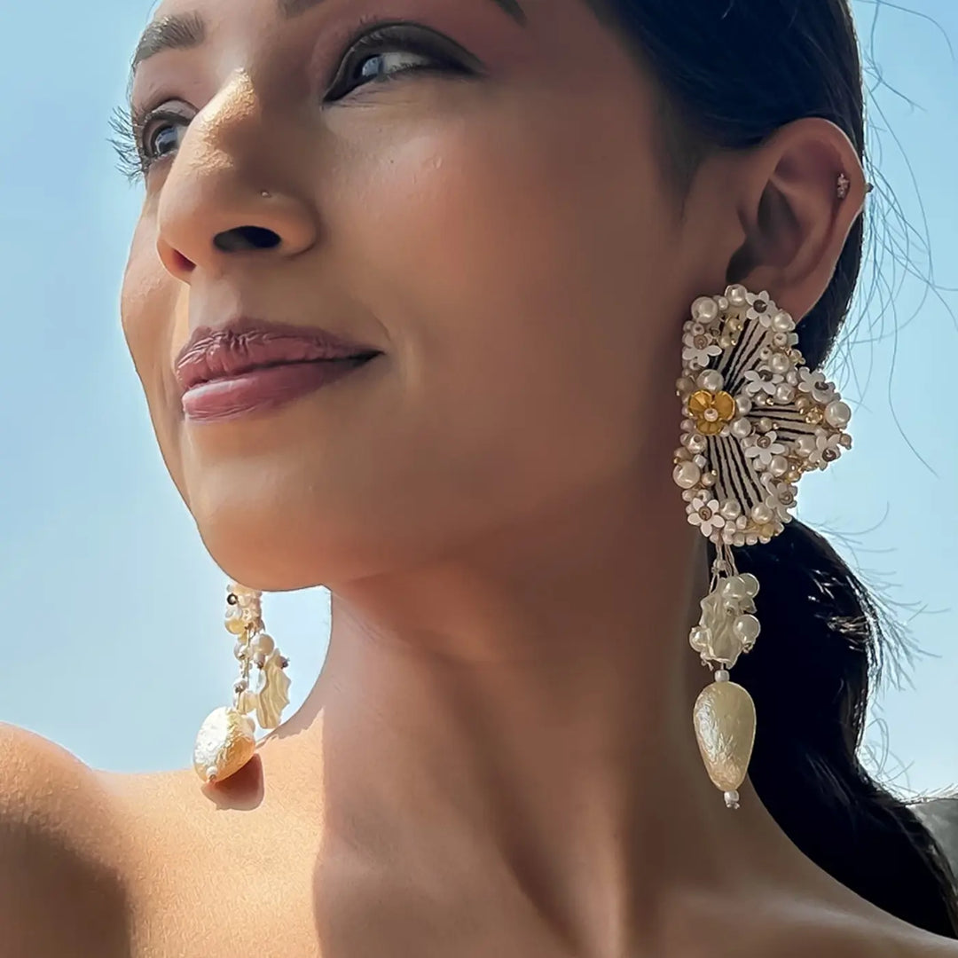 Hand Embroidered Beaded White Regal Heritage Theme Gajra Style Cotton Earrings