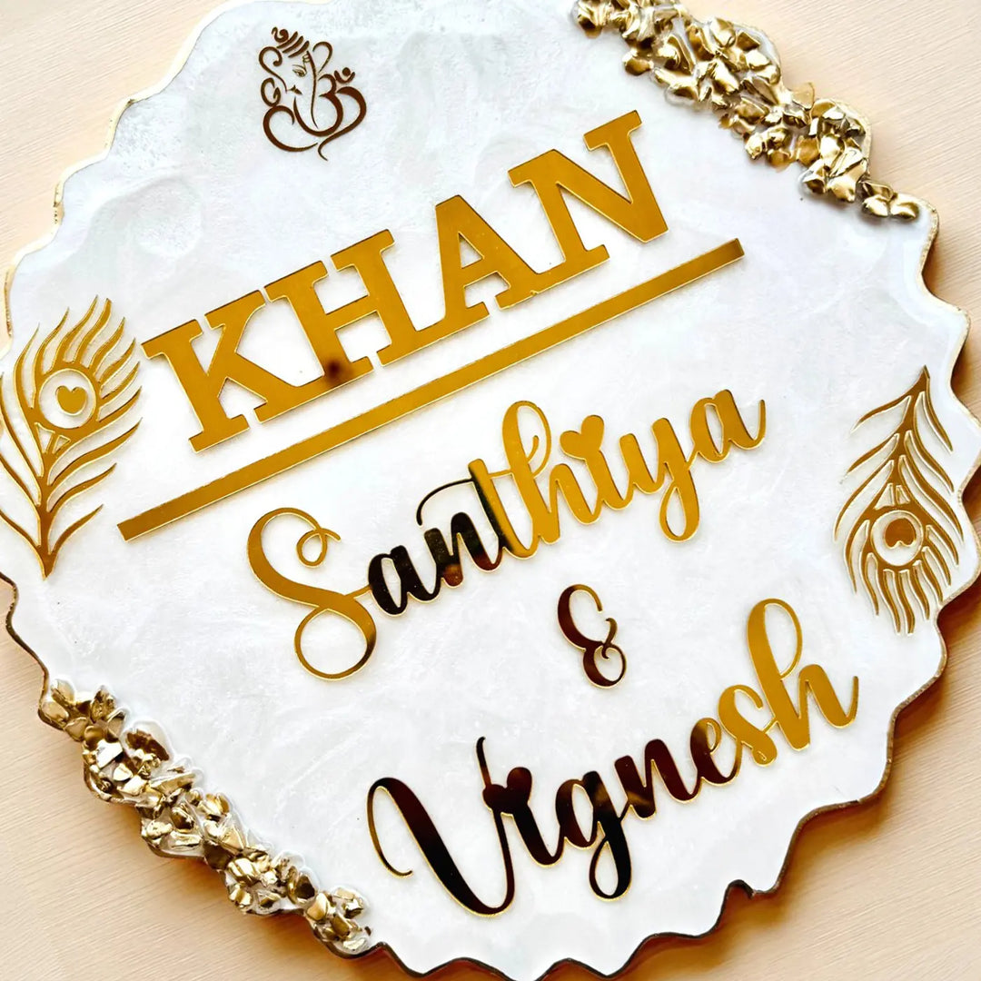 White Feather Personalized Marble Efffect Wavy Round Resin Name Plate | With 3D Acrylic Letters & Gold Stone Embellishment