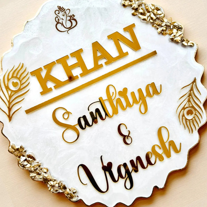 White Feather Personalized Marble Efffect Wavy Round Resin Name Plate | With 3D Acrylic Letters & Gold Stone Embellishment