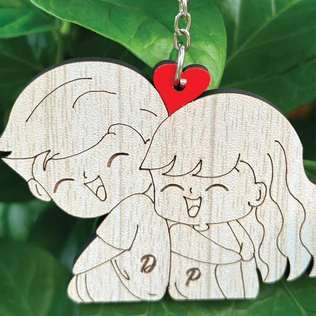 Personalized Cute Couples Theme Wooden Keychain