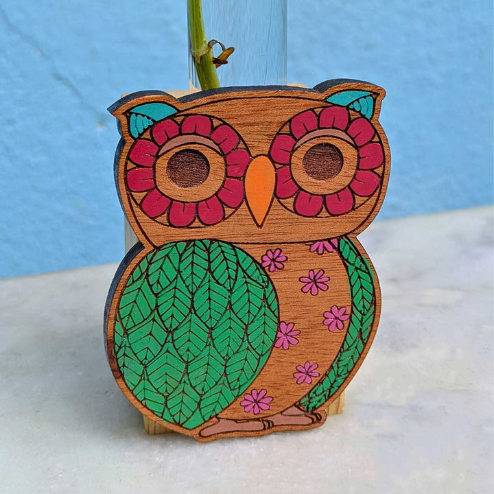 Hand-Painted Owl Wooden Cube Test Tube Planter For Desk Decor