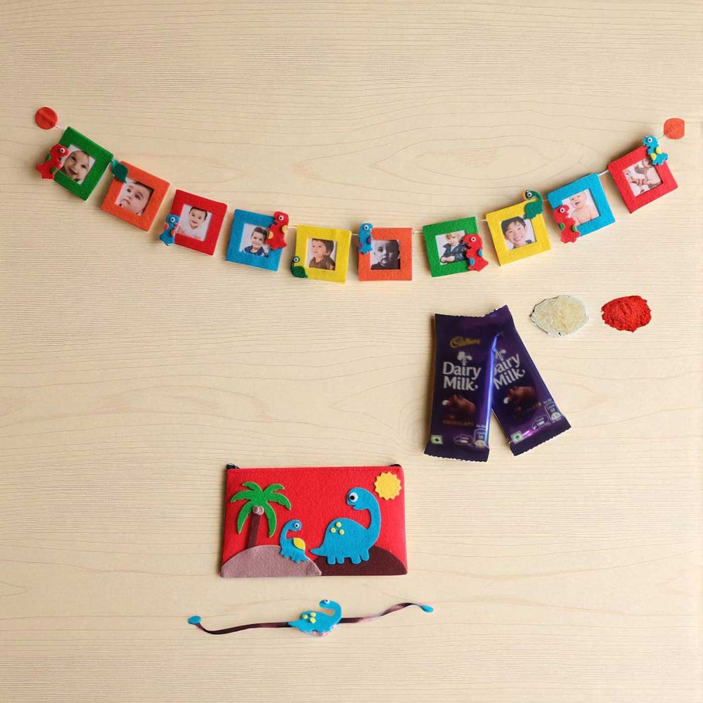 Handmade Dinosaur Theme Felt Rakhi And Gift Combo Includes 1 Rakhi 1 Photo Bunting And 1 Pouch - Photo Frame Bunting Display with Chocolates