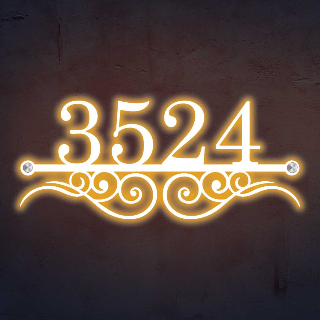 Personalized Laser Cut Elegant Design Steel Name Plate 20 - Front View Illuminated on Wall