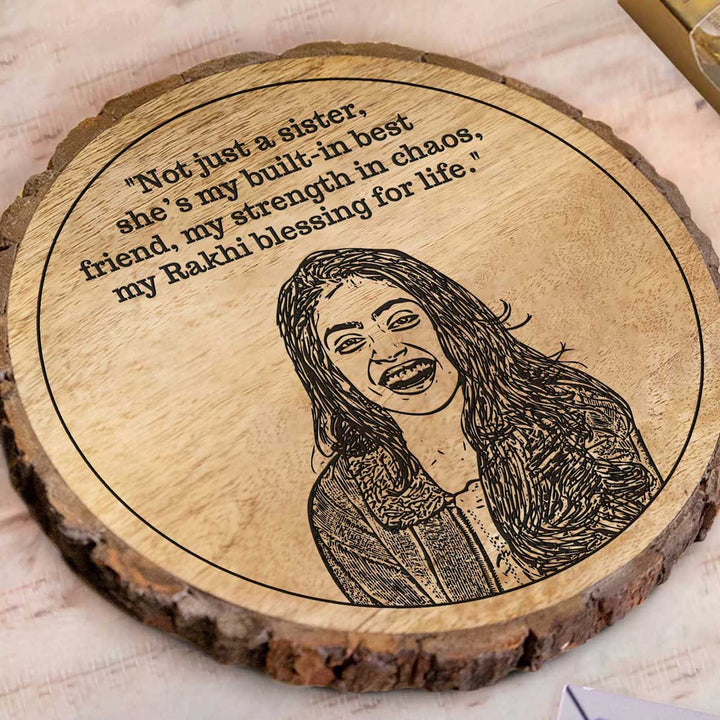 Photo Personalized Engraved Sis Theme Wooden Decorative Plaque Rakhi Hamper | Includes 1 Plaque, 1 Chocolate & 1 Card