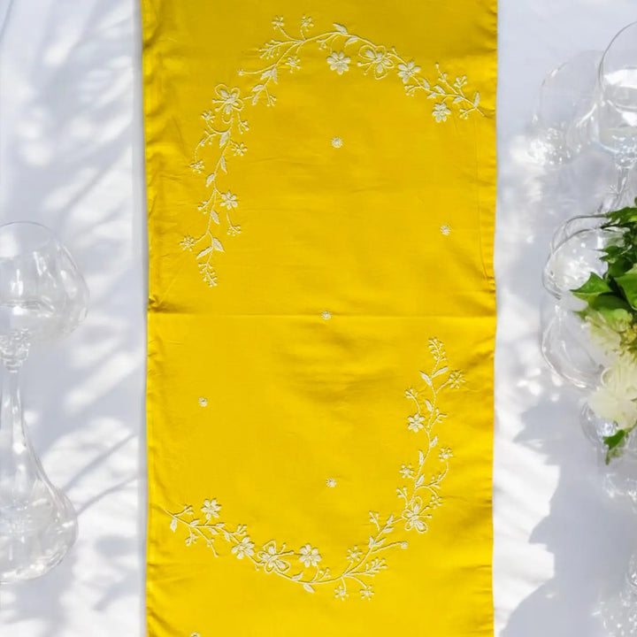 Hand Embroidered Floral Chikankari Cotton Table Runner